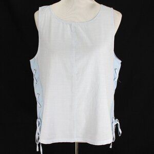 Vince Camuto Sleeveless Top Women L Blue White Stripe Lace Up Lightweight Cotton